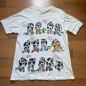 Vintage 90's Funny Cows Talking Joking Big Print Farming Bells White Shirt Sz XL